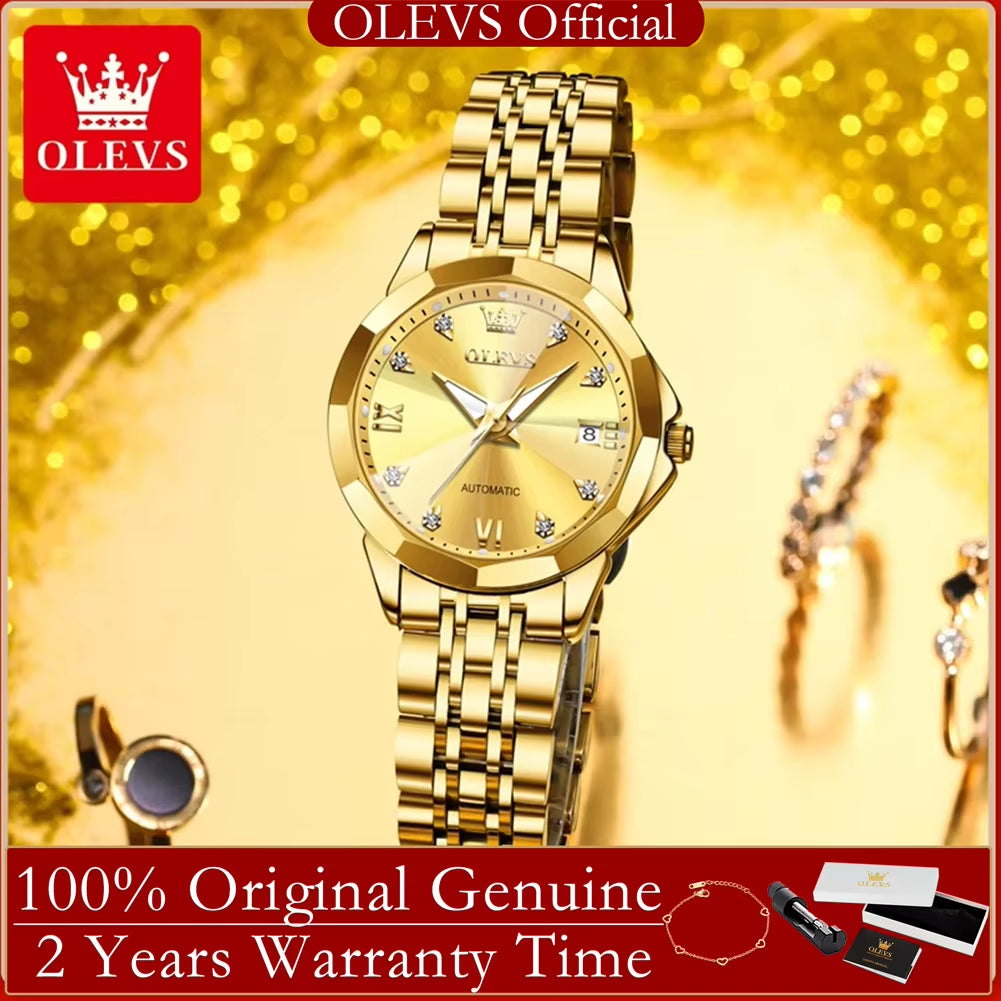 Automatic Watch for Woman 9982 Stainless Steel Mechanical Wristwatch Luxury Brand Waterproof Rhombus Mirror Ladies Watches