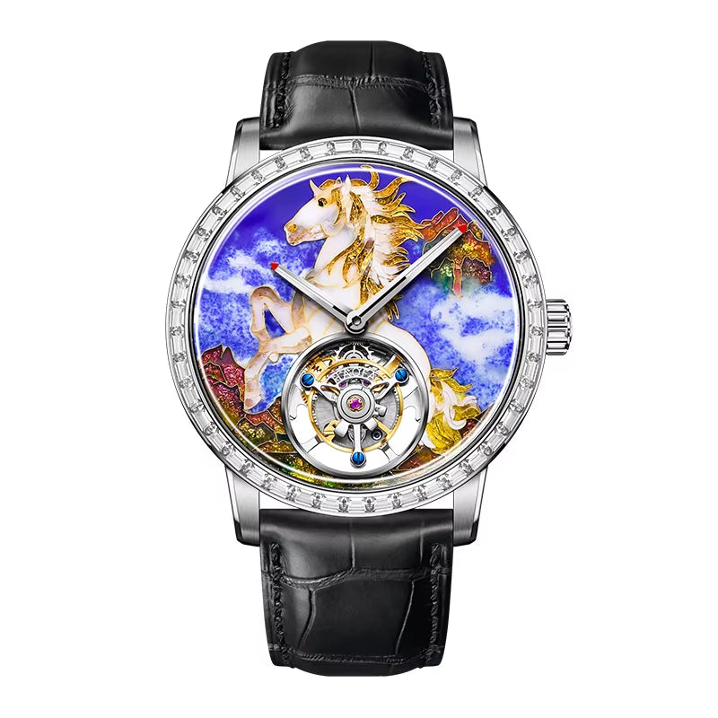 HAOFA Luxury Flying Tourbillon Mechanical Mens Watch Intangsible Heritage Enamel Oriental Colored Zircon Bezel Watches Man 2261