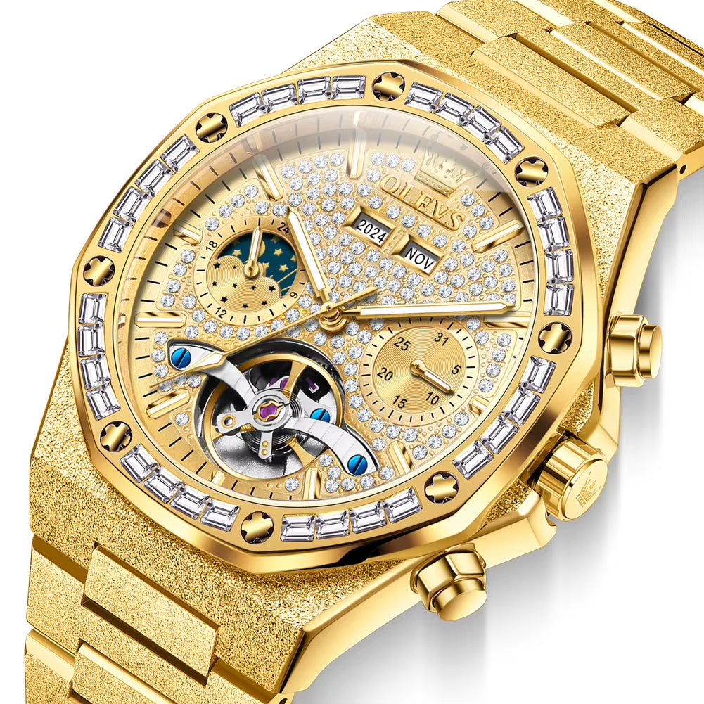 Gold Steel Mens Watches Top Brand Automatic Mechanical Luxury Watch Sport Waterproof Tourbillon Wrist Watch Reloj Hombre