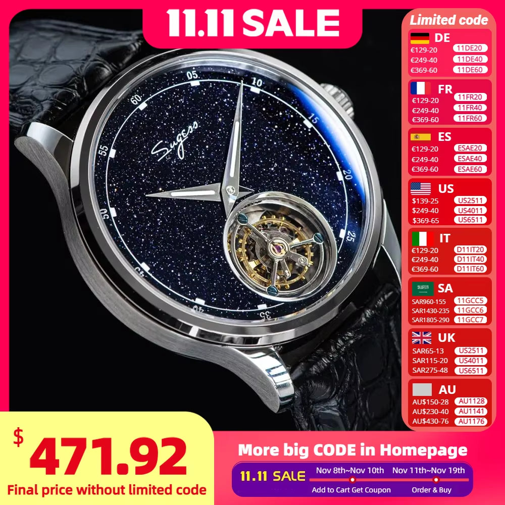 2023  Tourbillon Mens Watch Tianjin ST8230 Movement Blue Aventurine Stone Luxury Mechanical Hand Wind Watches Crocodile