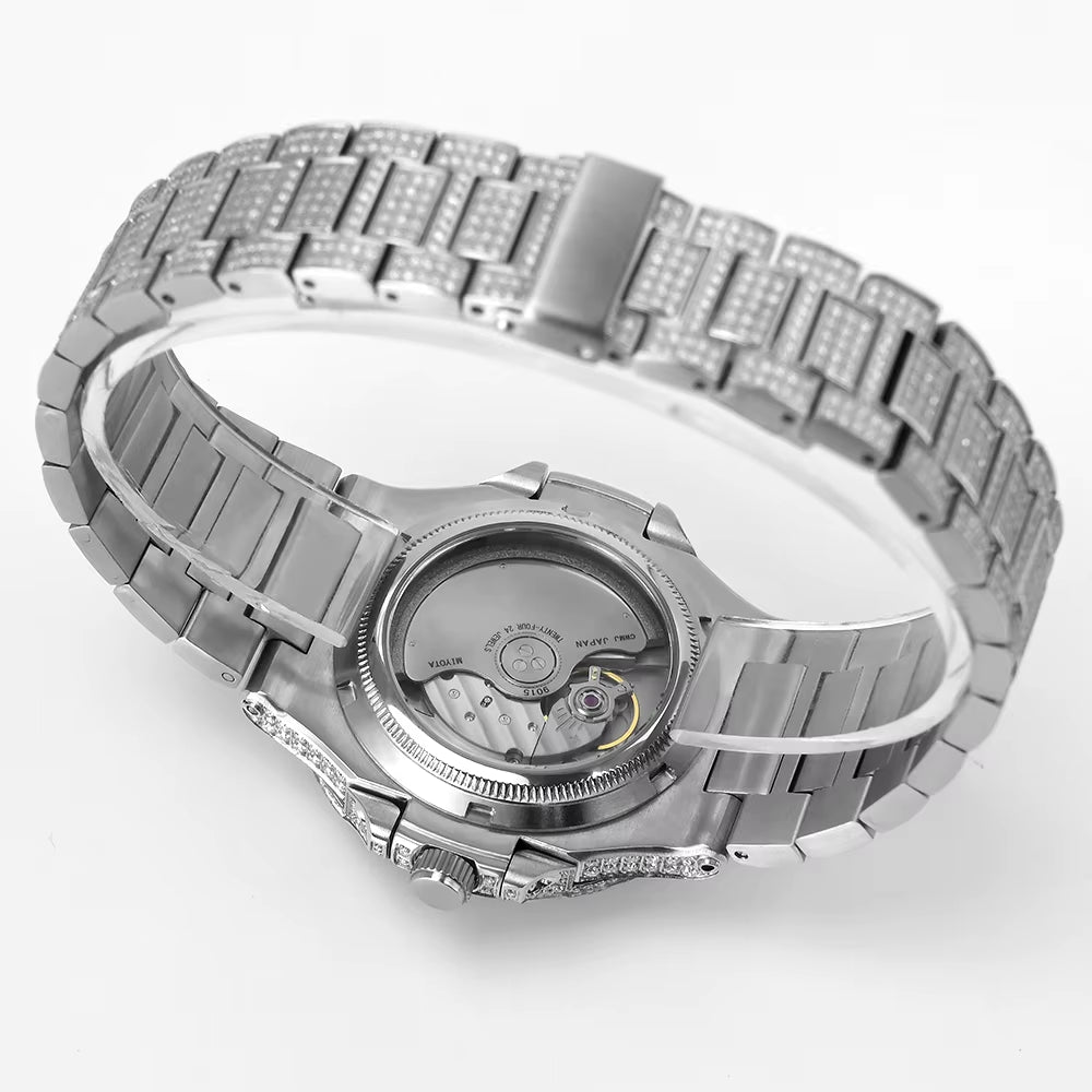 Luxury Brand Stainless Steel Automatic Mechanical Watch Hip Hop Iced Out VVS Moissanite Watch Pass Diamond Tester