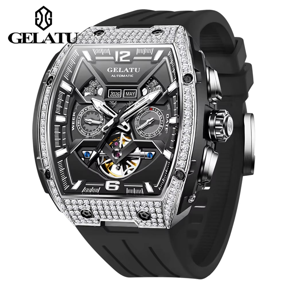 Men'S Watch Hollow Out Skeleton Automatic Watch for Men Silicone Strap Dual Calendar Luxury Original Mechanical Man Watch