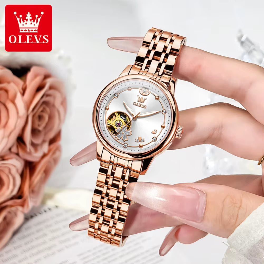 6732 New Womens Watch Original Luxury Skeleton Mechanical Watches Waterproof Luminous Watches for Women Set Bracelet Gift