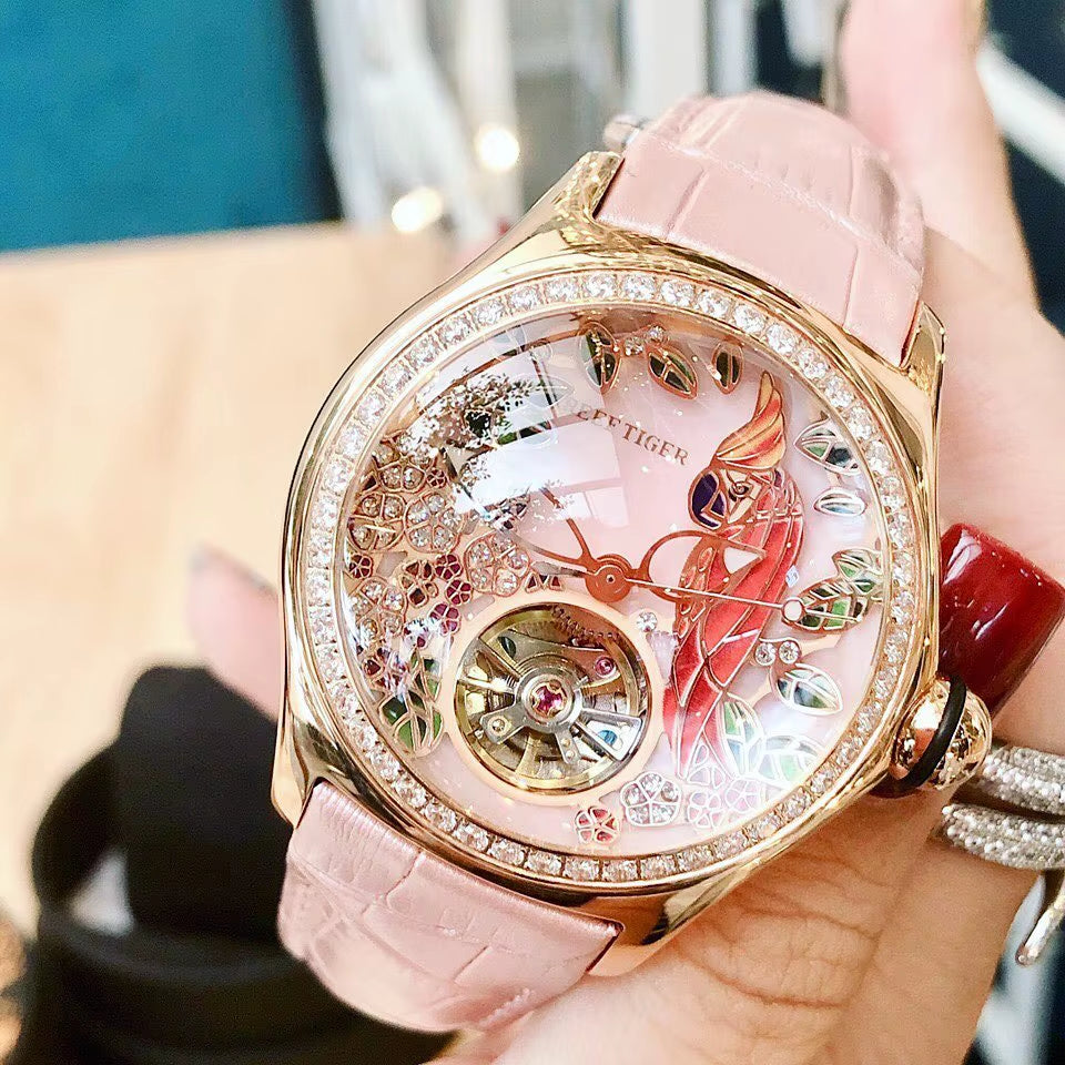 Reef Tiger/Rt Womens Luxury Fashion Watches Waterproof Watches Diamonds Pink Dial Automatic Tourbillon Watches RGA7105
