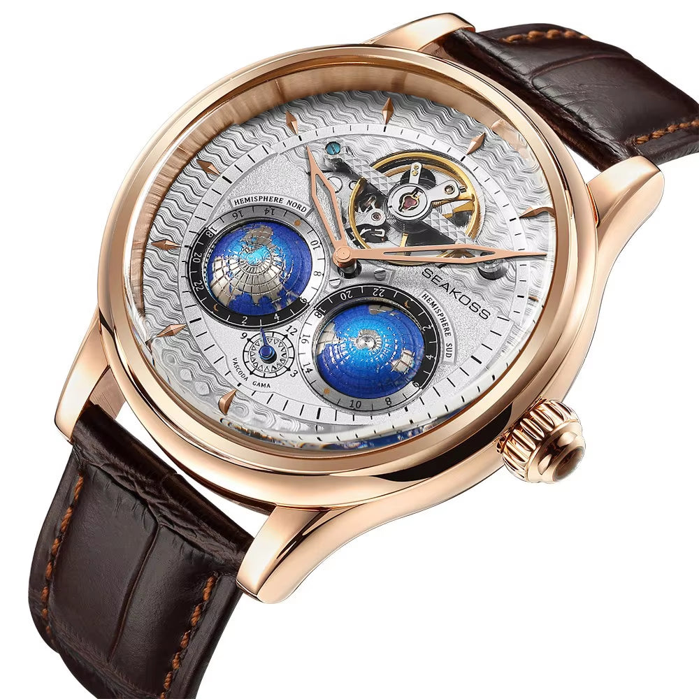 Luxury Double Earth Rotating Men'S Mechanical Watch Automatic Movement Waterproof Clock Pilots Men 1963 Flywheel Watches