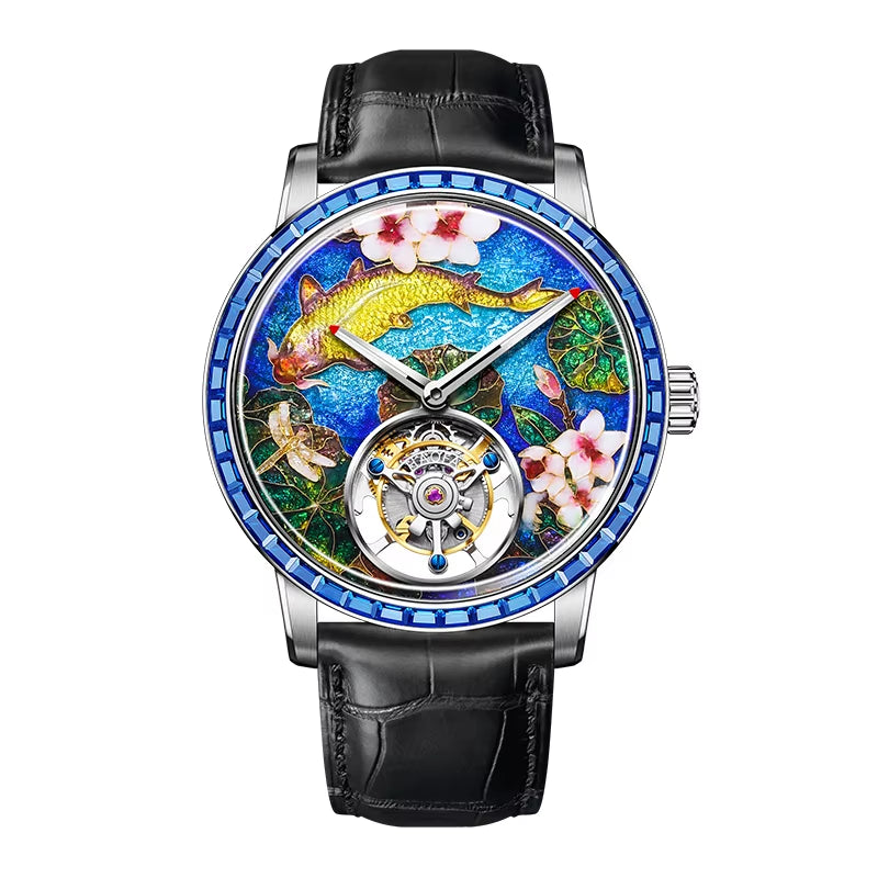 HAOFA Luxury Flying Tourbillon Mechanical Mens Watch Intangsible Heritage Enamel Oriental Colored Zircon Bezel Watches Man 2261