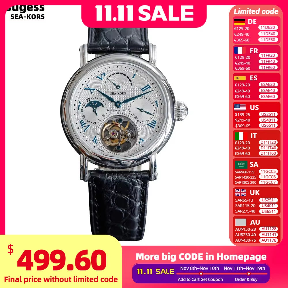 Seakors Man Tourbillon Watch Original ST8007 Movement Skeleton Dial Moonphase Wristwatche 316L Case Sapphire Romen Luxury