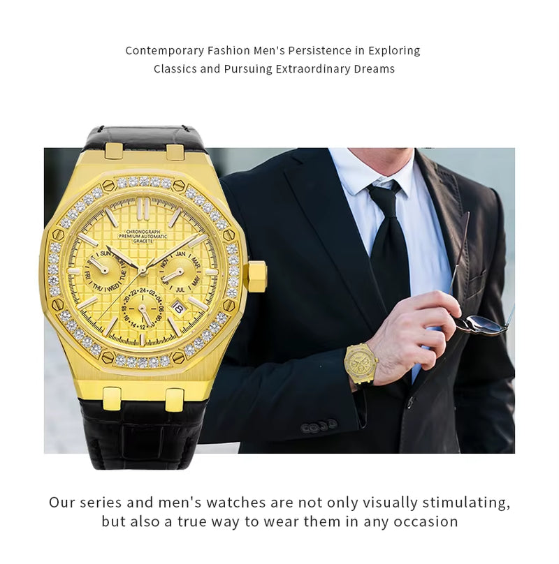 Mechanical Watch Automatic Watch Ready to Ship Luxury Moissanite Diamond 10 ATM Waterproof for Men Top Quality Gold Alloy MIYOTA