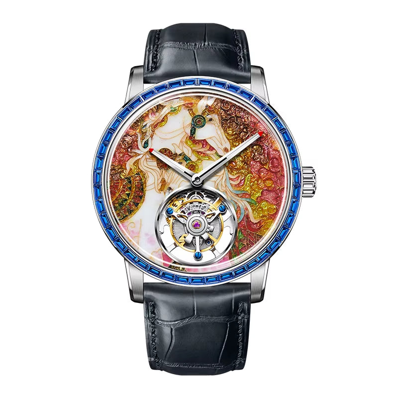 HAOFA Luxury Flying Tourbillon Mechanical Mens Watch Intangsible Heritage Enamel Oriental Colored Zircon Bezel Watches Man 2261