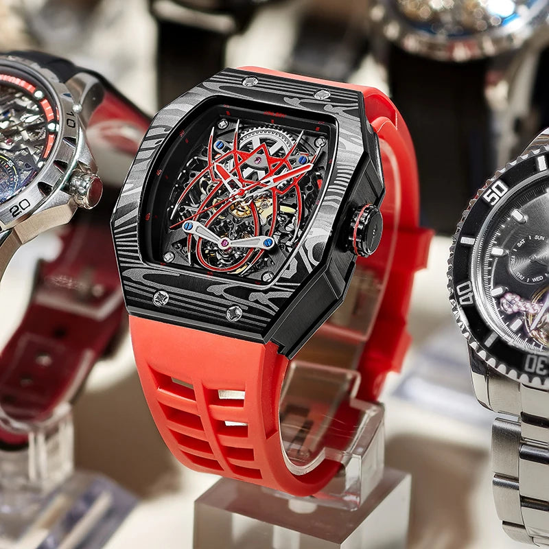 Classic Tonneau Men'S Watch Spider Edition Automatic Mechanical Movement Wristatches Luxury Rubber Strap Reloj Hombre