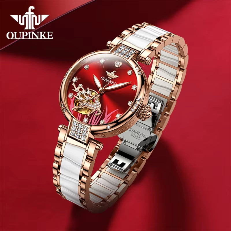 Mechanical Watch for Women Luxury Top Brand Stainless Steel Ceramic Strap Rose Gold Diamond Ladies Watches Reloj Mujer