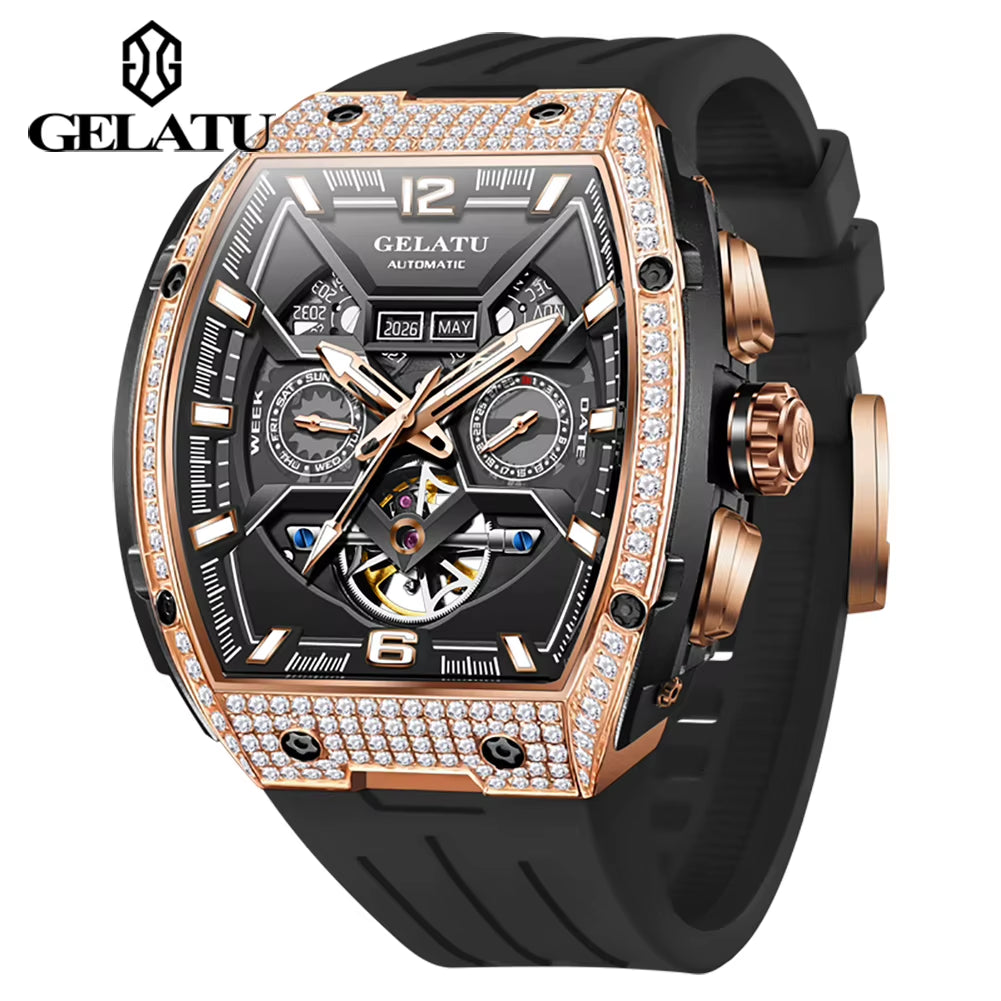Men'S Watch Hollow Out Skeleton Automatic Watch for Men Silicone Strap Dual Calendar Luxury Original Mechanical Man Watch