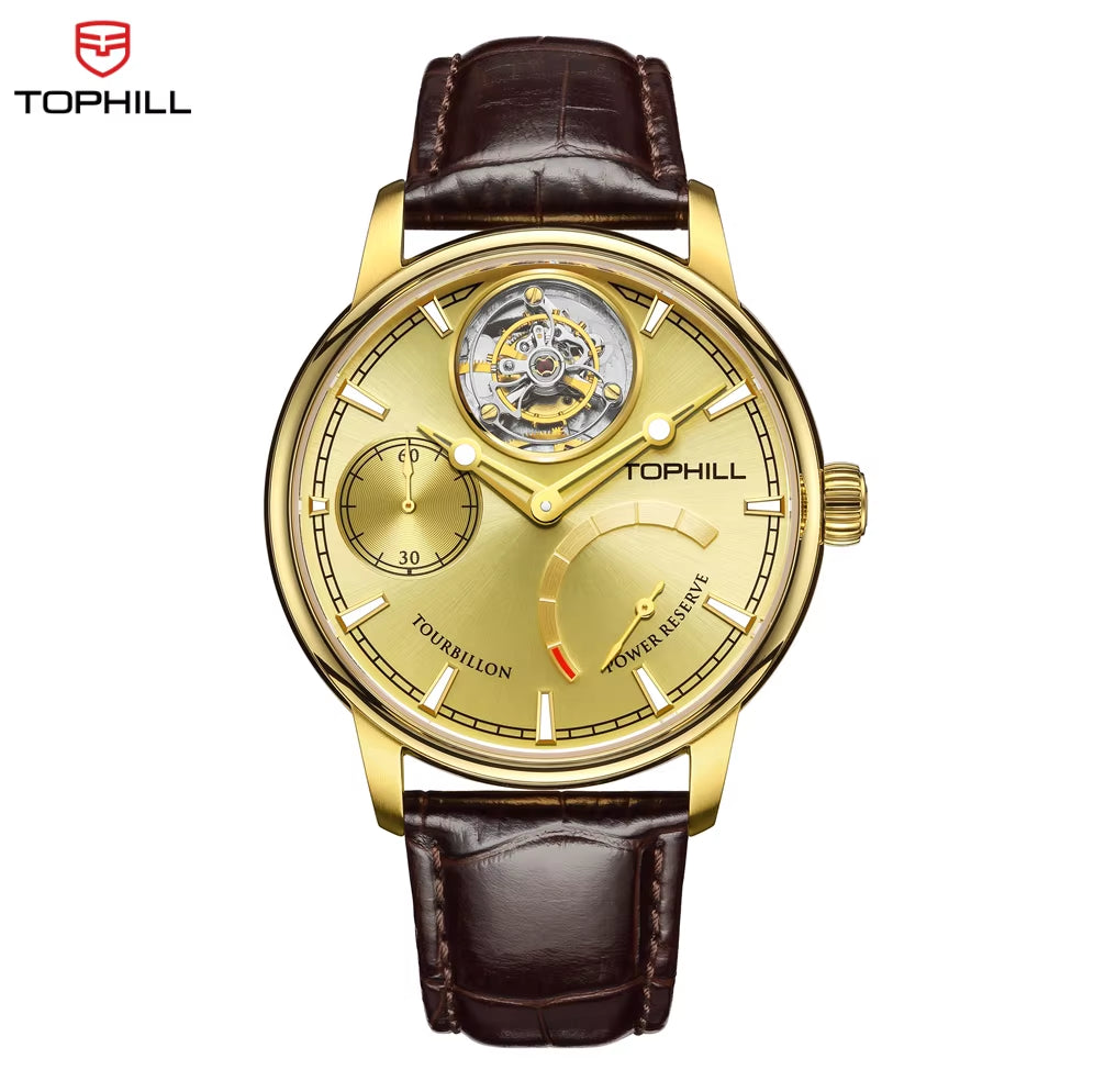 Tourbillon Watch for Men Mechanical Watch Luxury Skeleton Dial Power Reserve Leather Strap Reloj