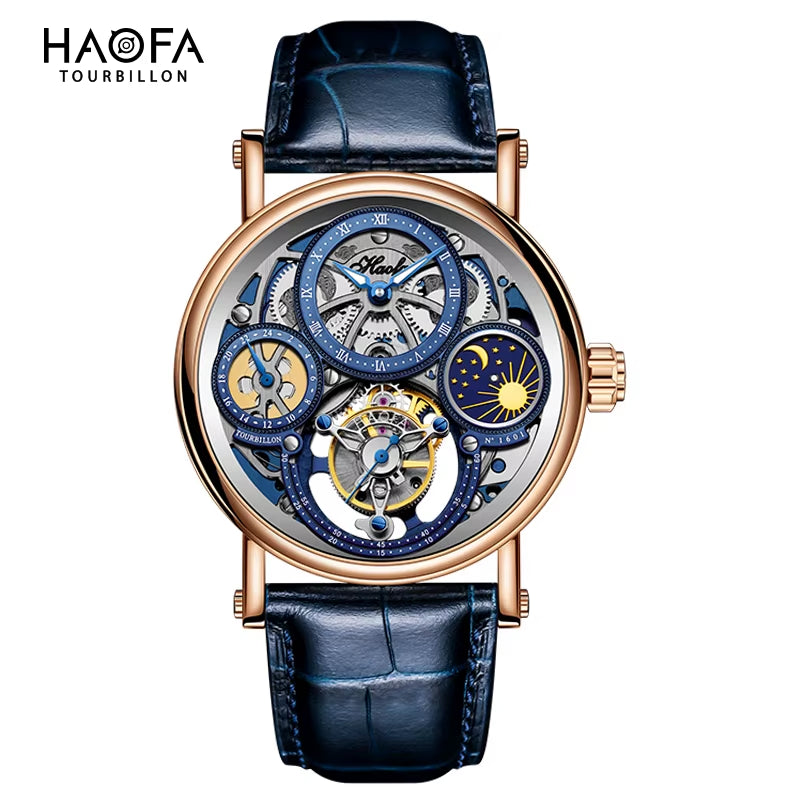 Haofa GMT Skeleton Tourbillon Mechanical Man Watch Manual Movement Luminous Day and Night Watches for Man Luxury 1601