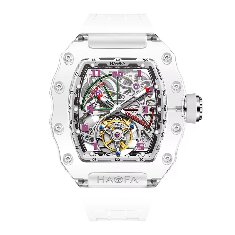 Haofa Automatic Tourbillon Mechanical Man Watch Luxury Skeleton Flying Tourbillon Crystal Case Waterproof Watches for Man 2210