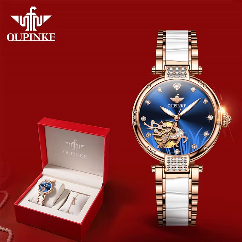 Mechanical Watch for Women Luxury Top Brand Stainless Steel Ceramic Strap Rose Gold Diamond Ladies Watches Reloj Mujer