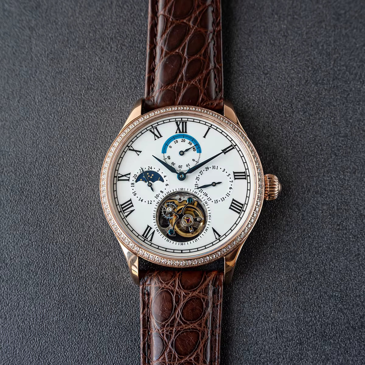 Men Luxury Tourbillon Watch Original ST8007 Movement Mechanical Wristwatches Crocodile Leather Vintage Datephase