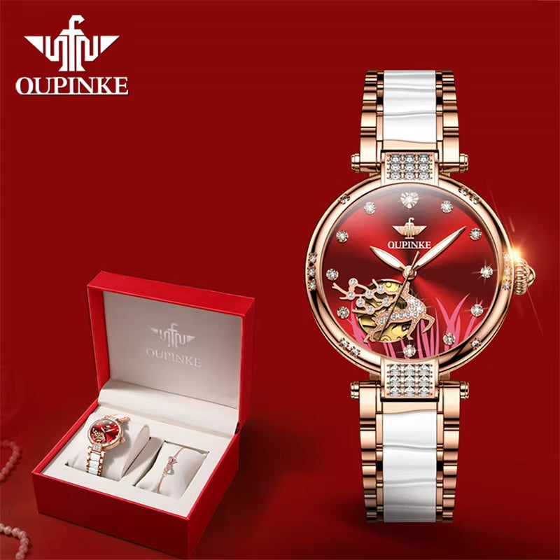 Mechanical Watch for Women Luxury Top Brand Stainless Steel Ceramic Strap Rose Gold Diamond Ladies Watches Reloj Mujer