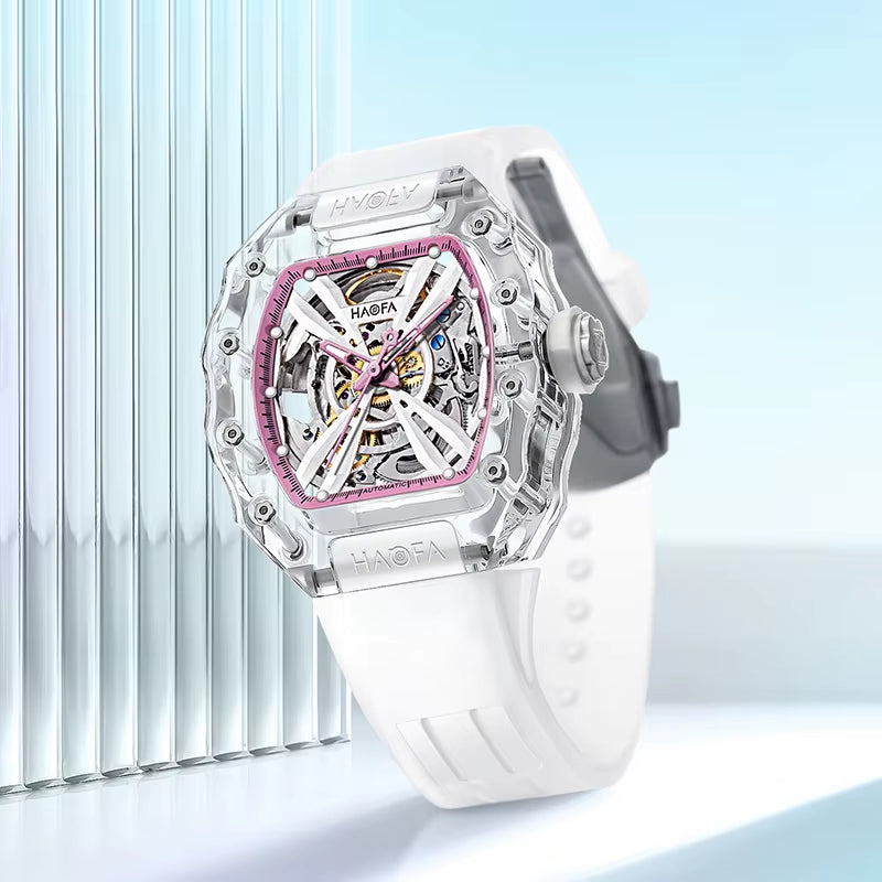 Haofa Crystal Automatic Mechanical Watch for Women Transparent Movement Hollow Luminous Luxury Ladies Watch 2302