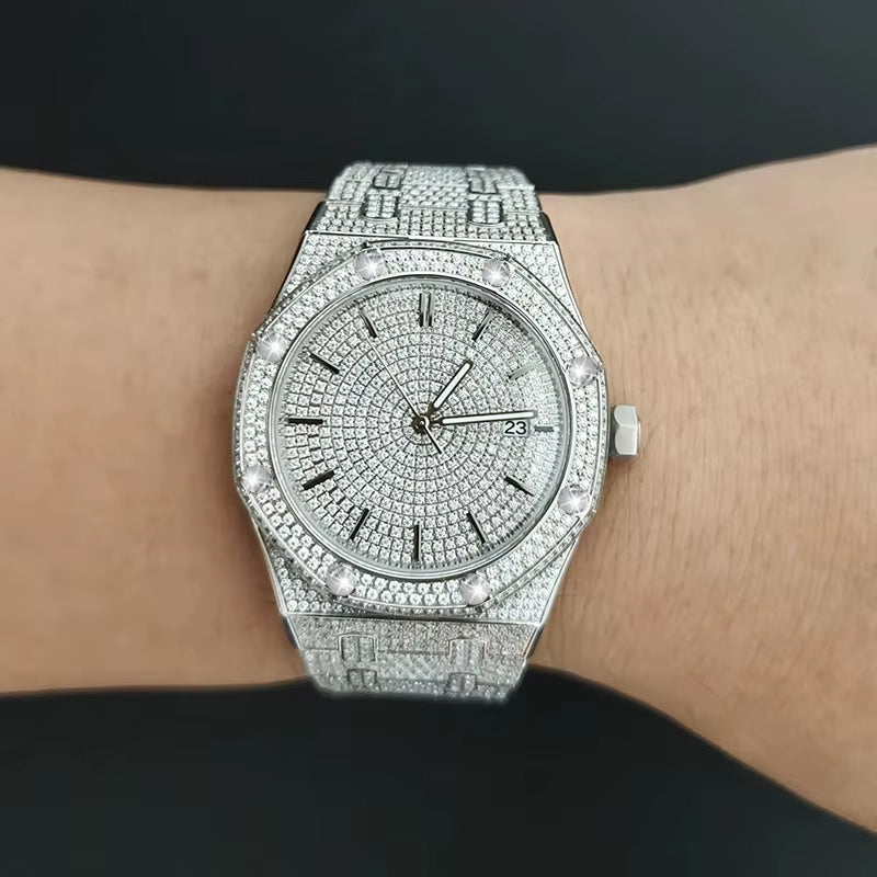 Luxury Brand Stainless Steel Automatic Mechanical Watch Hip Hop Iced Out VVS Moissanite Watch Pass Diamond Tester