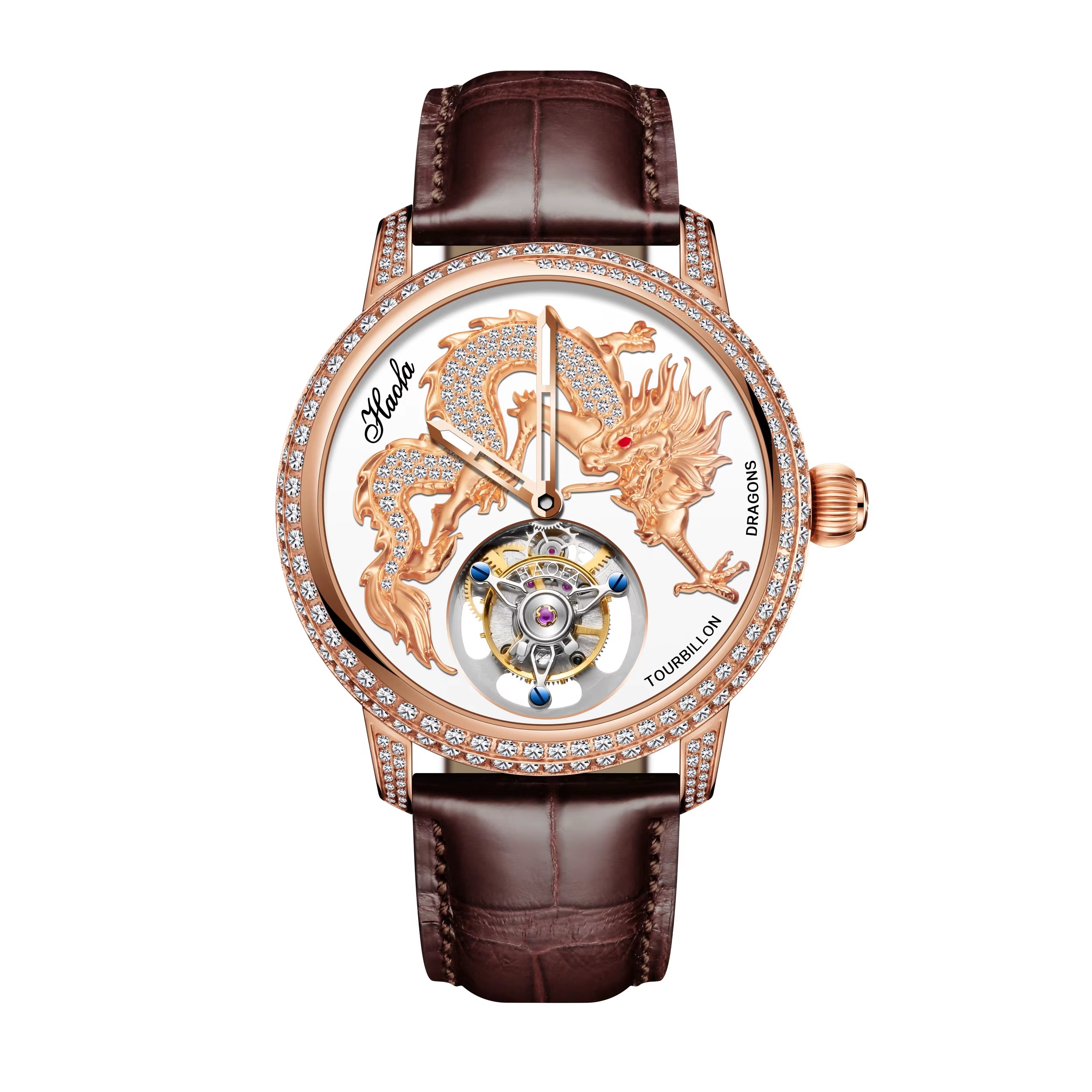 Haofa 3D Zodiac Dragon Manual Flying Tourbillon Mechanical Mens Watch Luxury Couple Sapphire Women Watch 1801