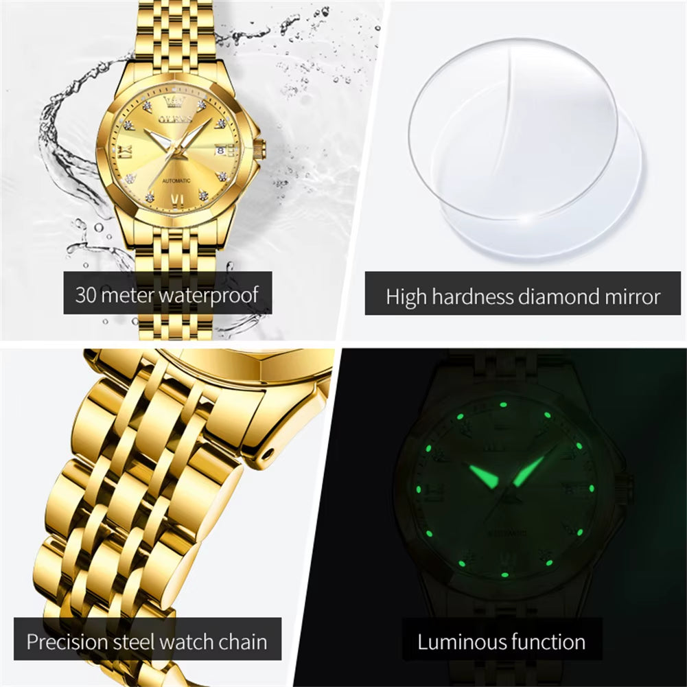 Automatic Watch for Woman 9982 Stainless Steel Mechanical Wristwatch Luxury Brand Waterproof Rhombus Mirror Ladies Watches