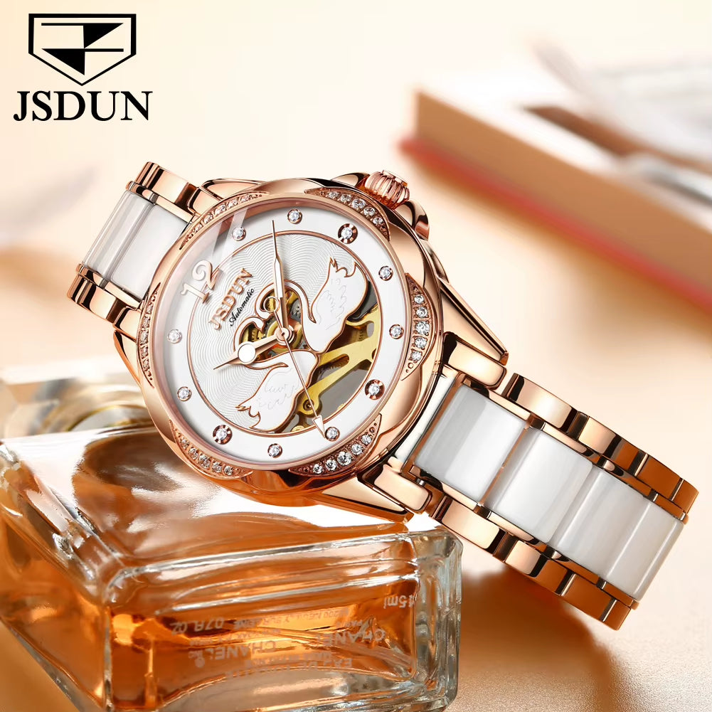 8831 Automatic Mechanical Women Watch Elegant Ceramic Strap Hollow Swan Design Waterproof Ladies' Watches