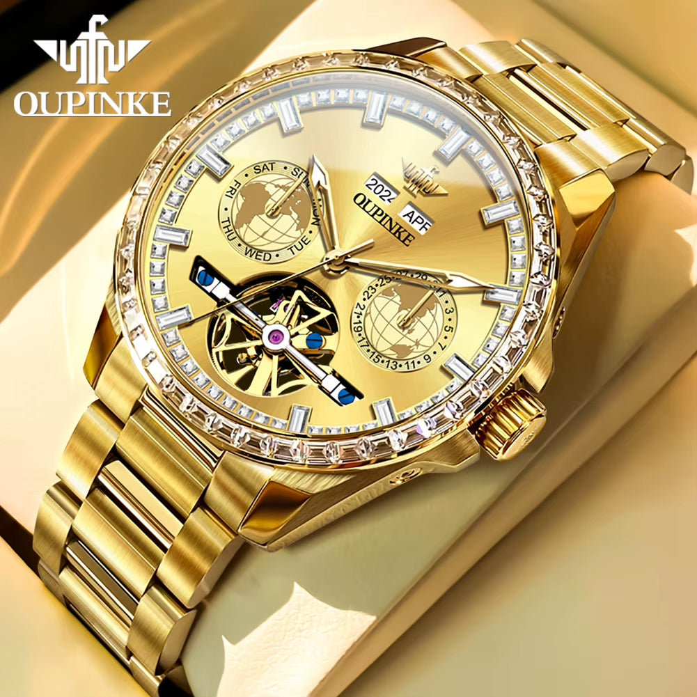 3280 Gold Luxury Mens Watches Diamond Dial Waterproof Automatic Mechanical Wristwatch Skeleton Luminous Date Brand Watch