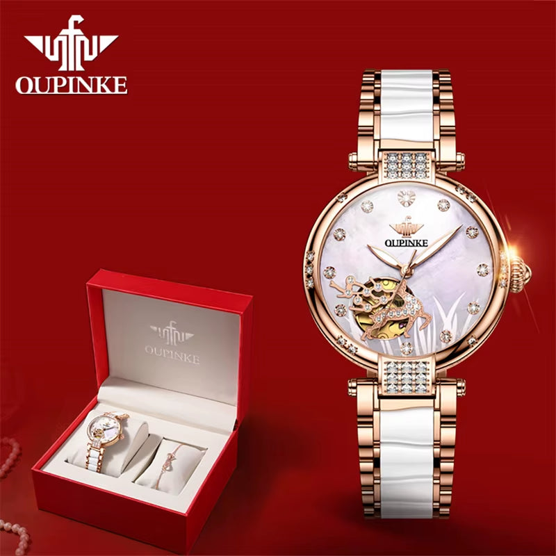 Mechanical Watch for Women Luxury Top Brand Stainless Steel Ceramic Strap Rose Gold Diamond Ladies Watches Reloj Mujer