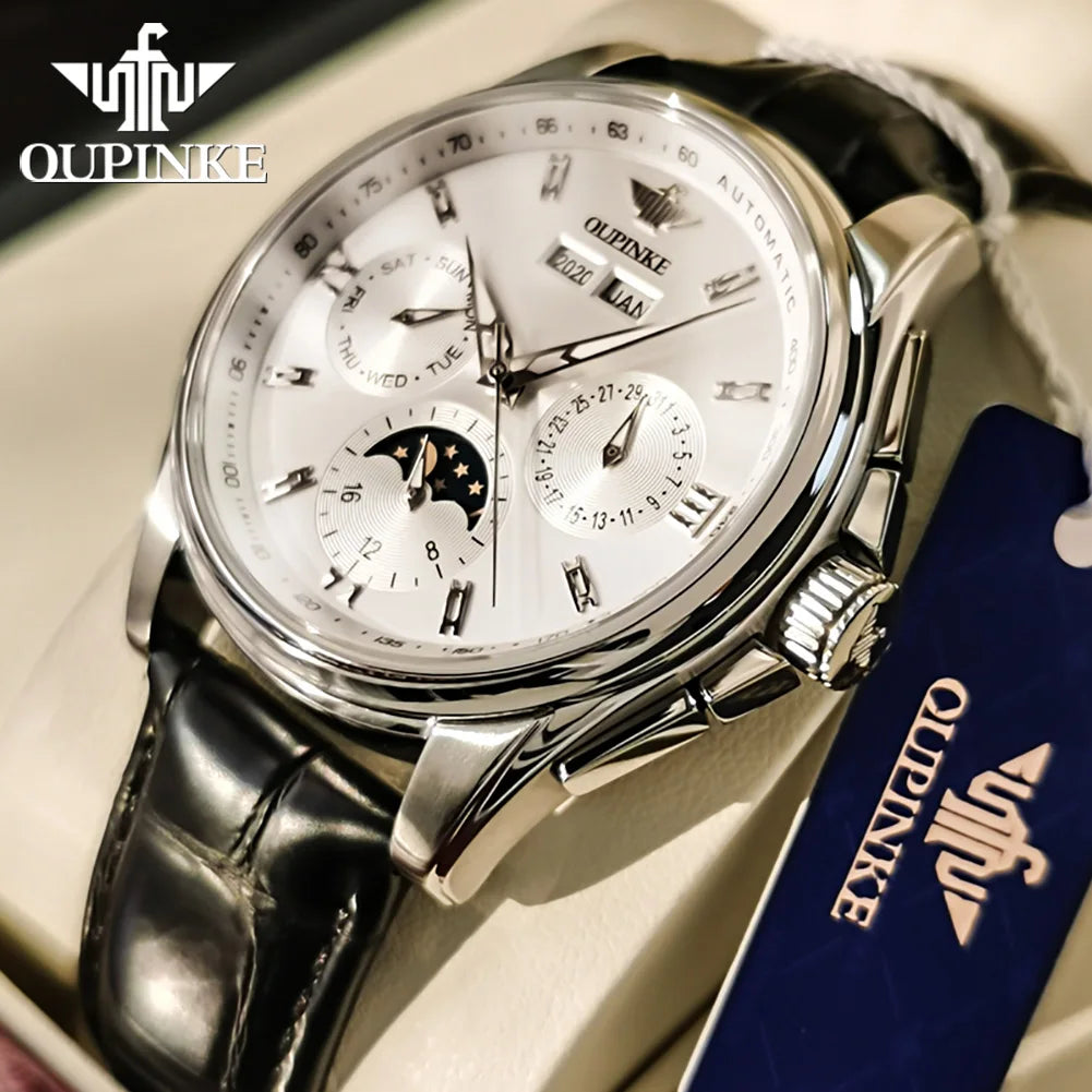 Fashion Business Mens Watches Comfortable Leather Strap Automatic Mechanical Watch Multifunctional Moon Phase Wristwatch