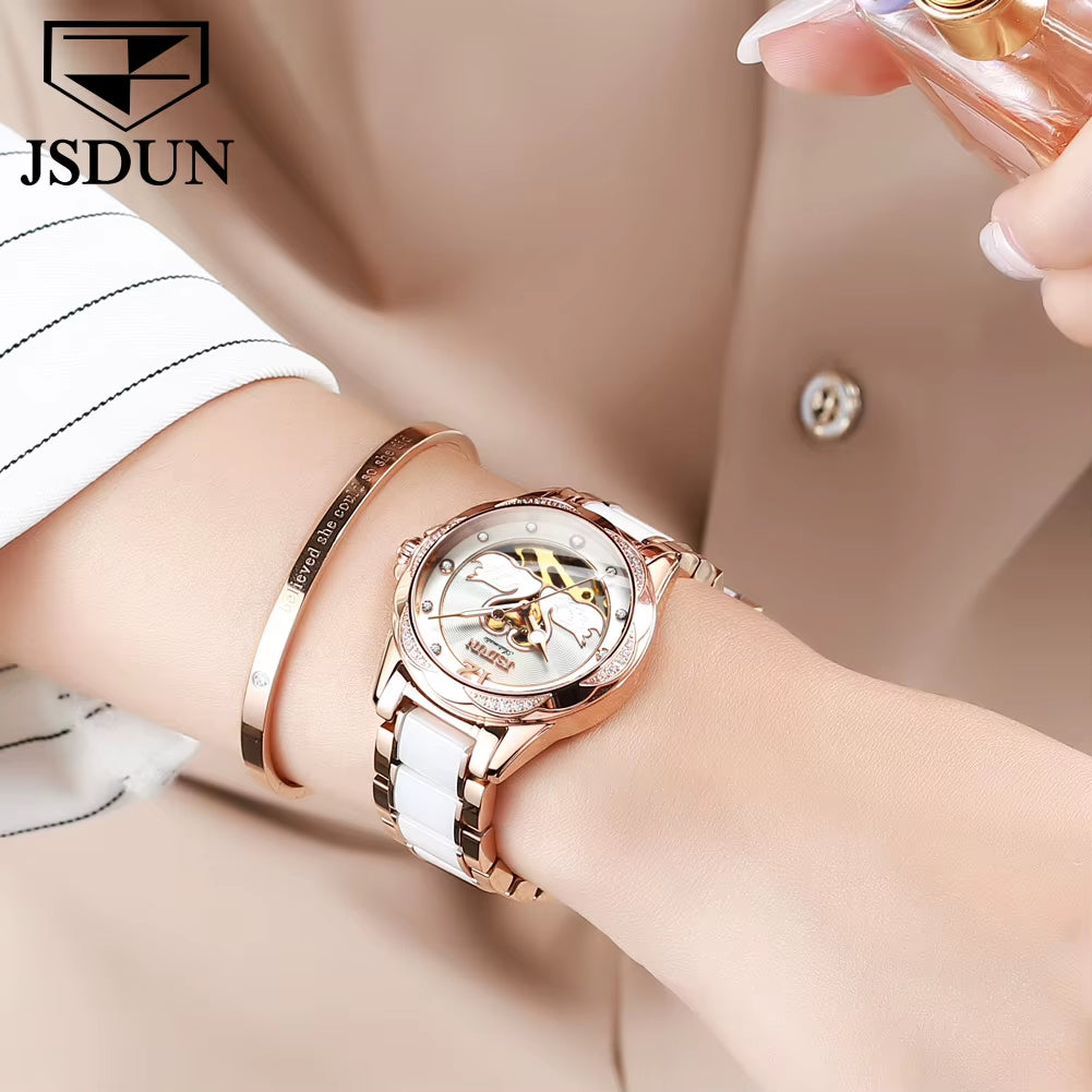 8831 Automatic Mechanical Women Watch Elegant Ceramic Strap Hollow Swan Design Waterproof Ladies' Watches