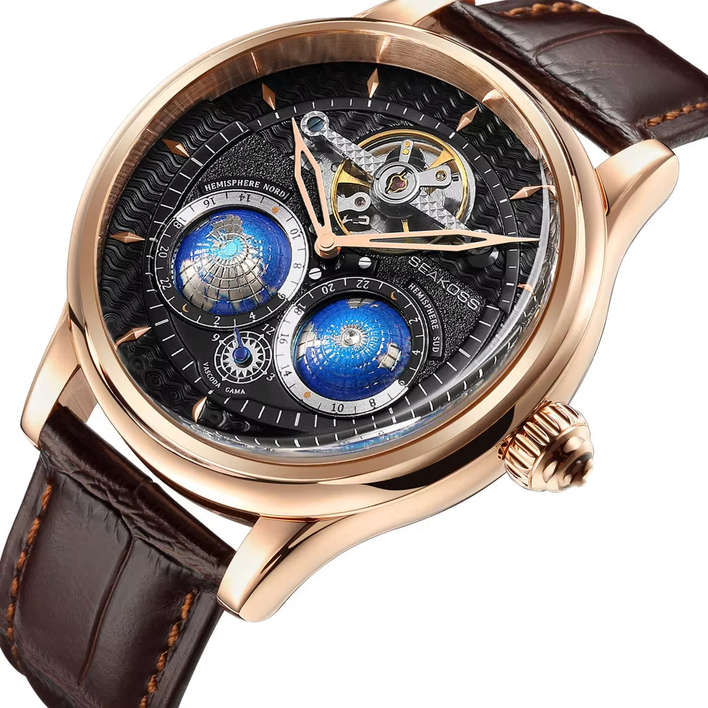 Luxury Double Earth Rotating Men'S Mechanical Watch Automatic Movement Waterproof Clock Pilots Men 1963 Flywheel Watches