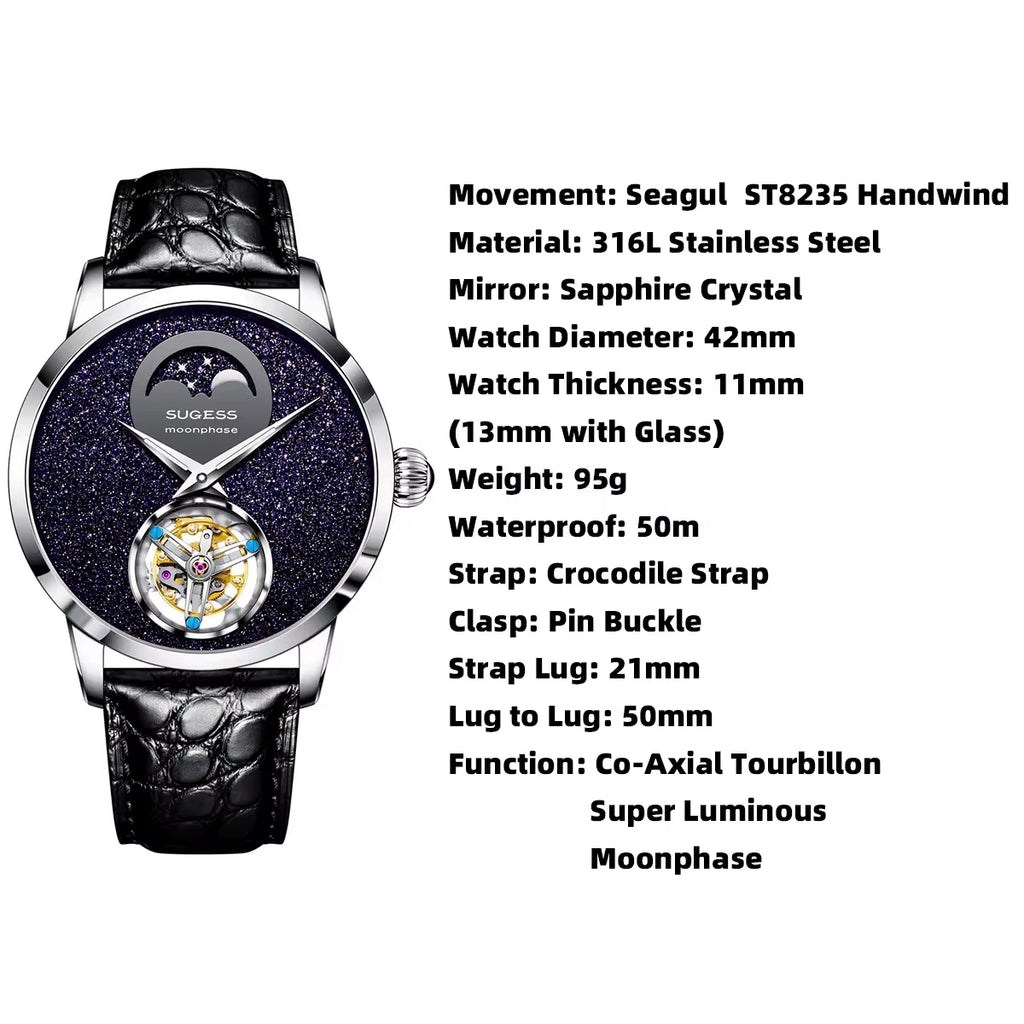 2023  Top Tourbillon Mens Luxury Watch Tianjin ST8235 Movement Mechanical Wristwatches Sapphire Glass Moonphase Luminous