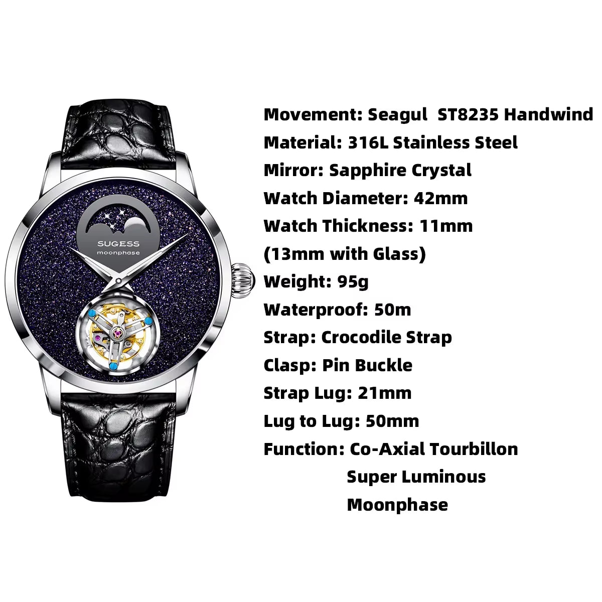 2023  Top Tourbillon Mens Luxury Watch Tianjin ST8235 Movement Mechanical Wristwatches Sapphire Glass Moonphase Luminous