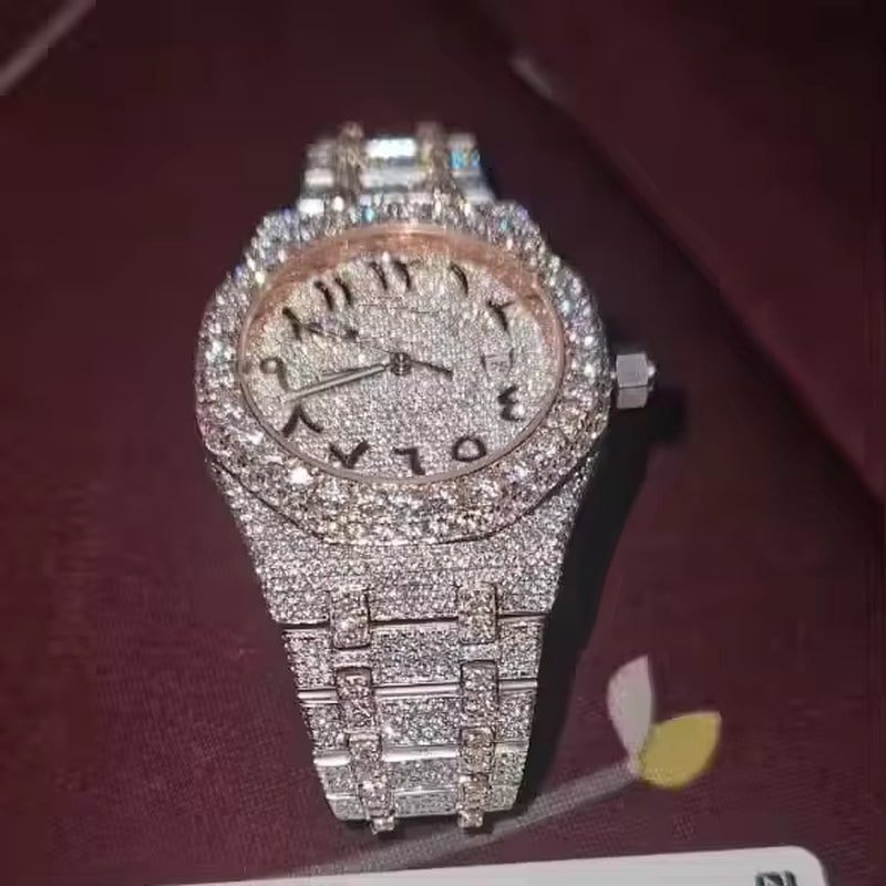 Hip Hop Luxury Automatic Mechanical Watch for Men VVS D Colour Moissanite Iced Out Sport Watch with Analog Glass Dial Display