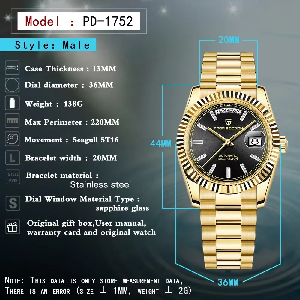 DD36 Mens Watches Top Luxury Mechanical Automatic Watch for Men ST16 Sapphire Gold Wristwatch Steel Waterproof