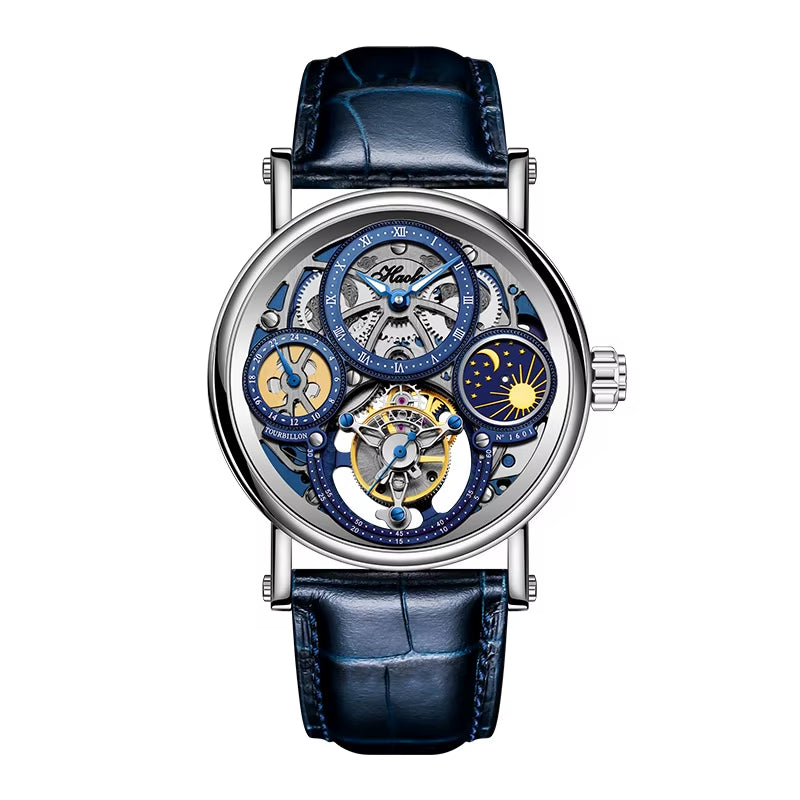 Haofa GMT Skeleton Tourbillon Mechanical Man Watch Manual Movement Luminous Day and Night Watches for Man Luxury 1601