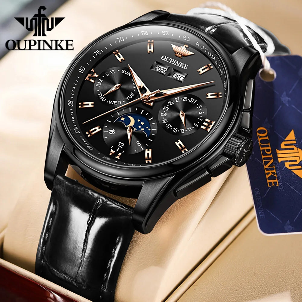 Fashion Business Mens Watches Comfortable Leather Strap Automatic Mechanical Watch Multifunctional Moon Phase Wristwatch