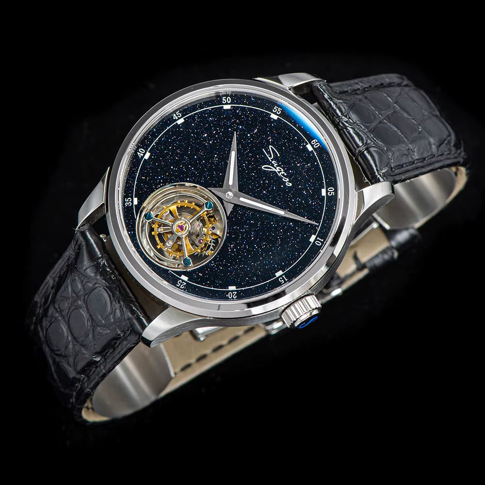 2023  Tourbillon Mens Watch Tianjin ST8230 Movement Blue Aventurine Stone Luxury Mechanical Hand Wind Watches Crocodile