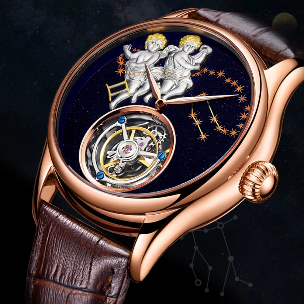 Real Tourbillon Watch for Men Mechanical Movement Mens Watches Brand Luxury Skeleton Clock Gemini Relogio Masculino