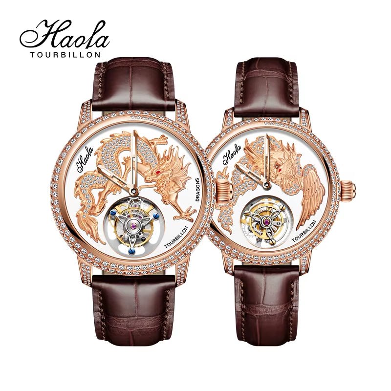 Haofa 3D Zodiac Dragon Manual Flying Tourbillon Mechanical Mens Watch Luxury Couple Sapphire Women Watch 1801