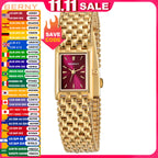 Gold Watch for Women Burgundy Red Fashion Casual Women Watches Stainless Steel Square Luxury Ladies Quartz Wristwatches