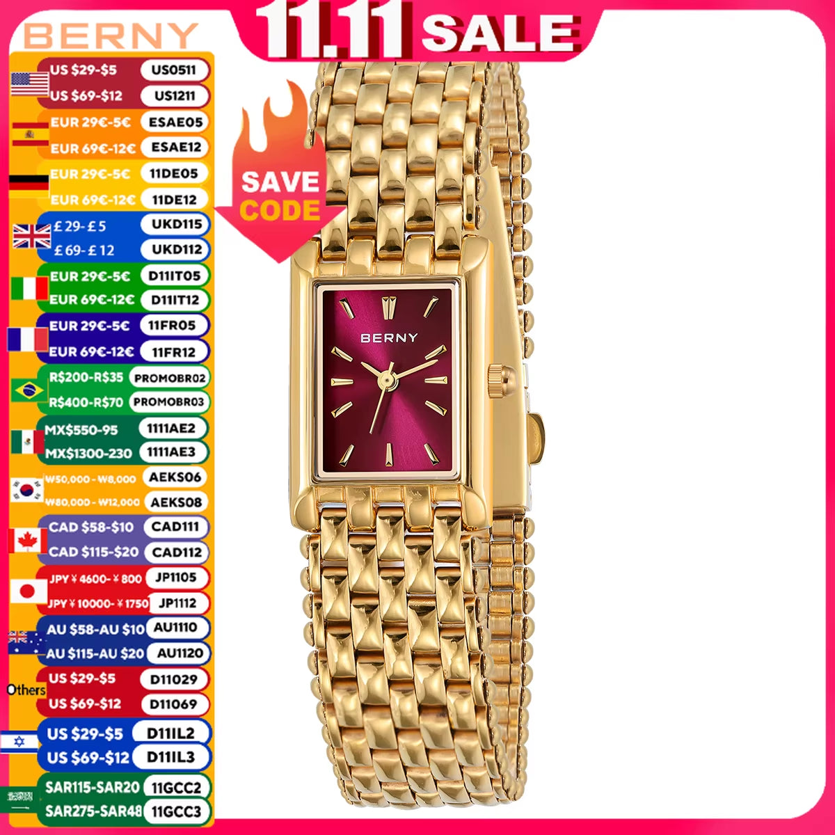Gold Watch for Women Burgundy Red Fashion Casual Women Watches Stainless Steel Square Luxury Ladies Quartz Wristwatches