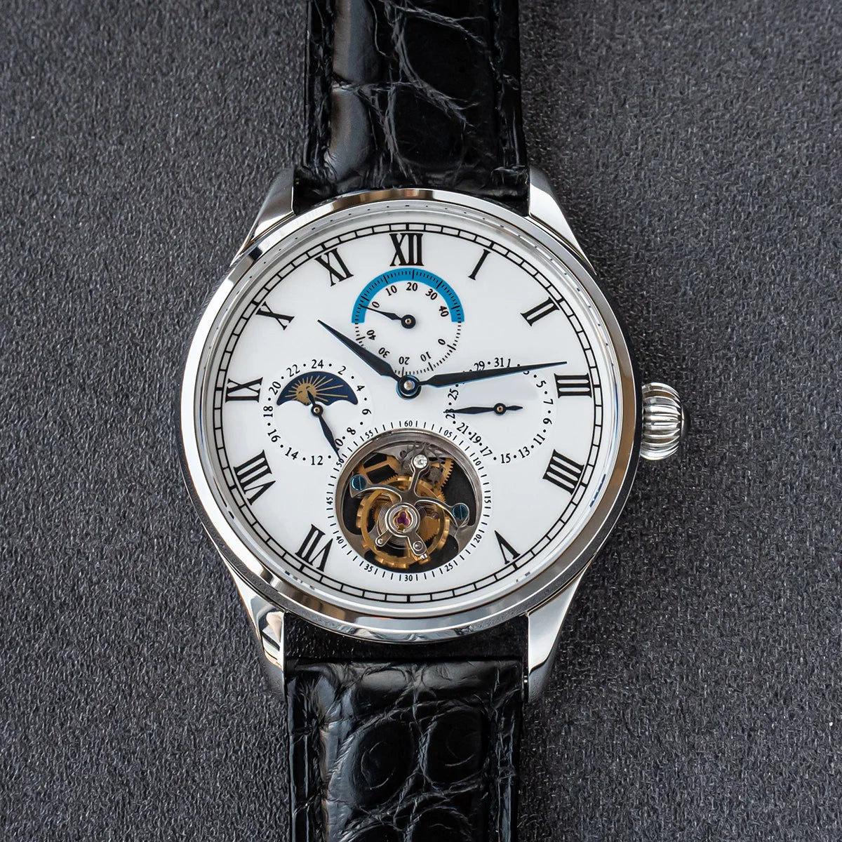 Men Luxury Tourbillon Watch Original ST8007 Movement Mechanical Wristwatches Crocodile Leather Vintage Datephase