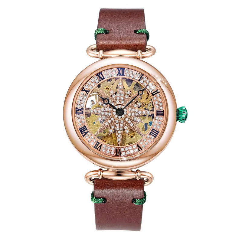 Fashion Womens Watches Ladies Creative Steel Leather Belt Buckle Waterproof Fully Automatic Mechanical Watch