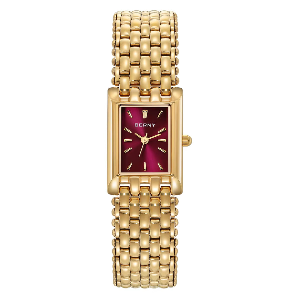 Gold Watch for Women Burgundy Red Fashion Casual Women Watches Stainless Steel Square Luxury Ladies Quartz Wristwatches