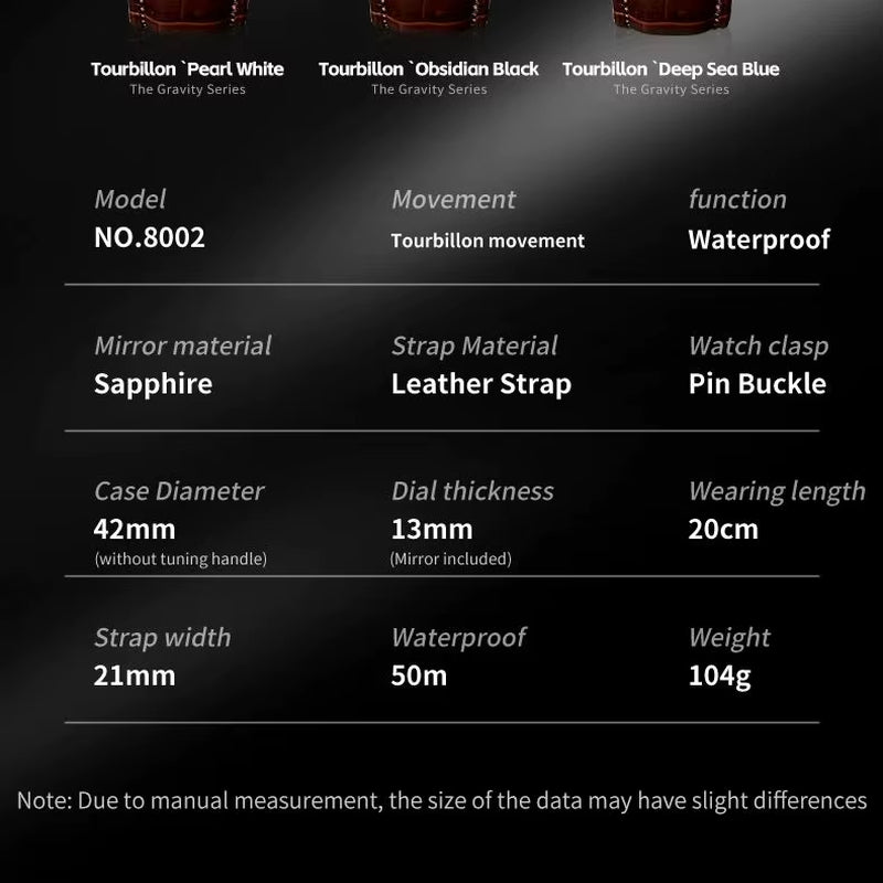 8002 Tourbillon Men Watch Luxury Advanced Automatic Mechanical Watch Swiss Certified HD Sapphire Waterproof Men Watch