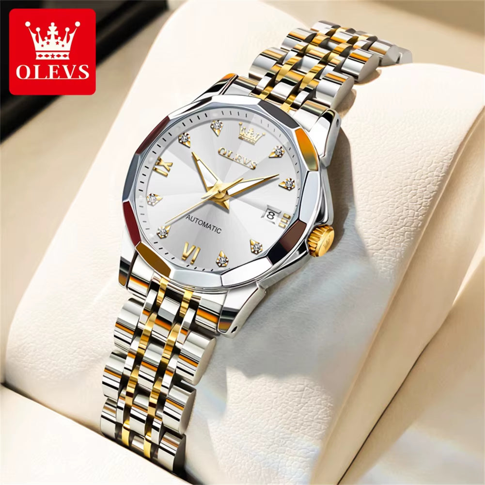 Automatic Watch for Woman 9982 Stainless Steel Mechanical Wristwatch Luxury Brand Waterproof Rhombus Mirror Ladies Watches