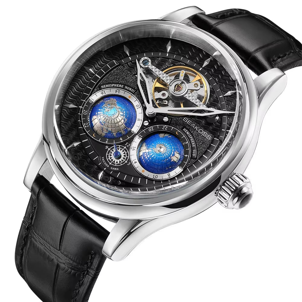 Luxury Double Earth Rotating Men'S Mechanical Watch Automatic Movement Waterproof Clock Pilots Men 1963 Flywheel Watches
