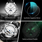 Fashion Business Mens Watches Comfortable Leather Strap Automatic Mechanical Watch Multifunctional Moon Phase Wristwatch